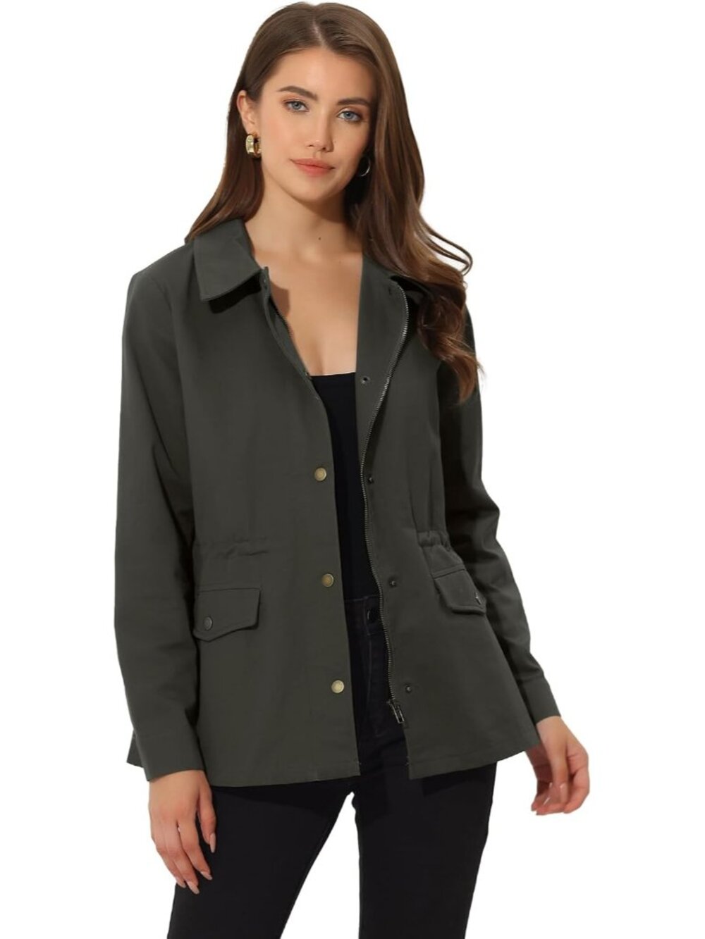 Women's Grey Zip Up Snap Buttons Drawstring Waist Pockets Anorak Utility Jacket